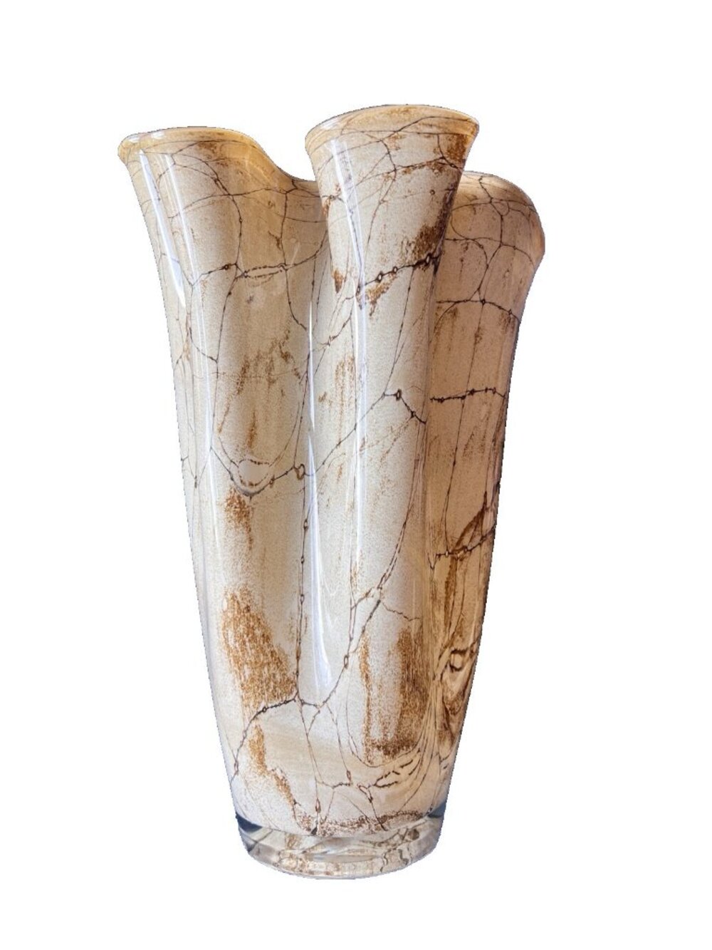 JOZEFINA KROSNO Handkerchief VASE Art Glass 13.75"H X 9.25"W Marble VTG Brown